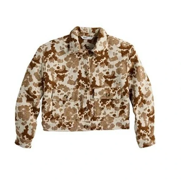 Sonoma Goods for Life Cropped Brown Cow Print Jacquard Bomber Jacket Sz M - Picture 2 of 16